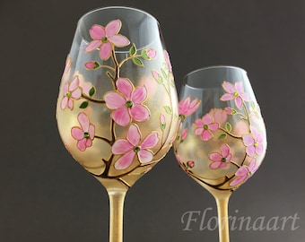 Cherry Blossom wine glasses, Sakura flowers, 4th wedding anniversary Cherry Blossom gift, Japanese Sakura Blossoms, Hand painted glasses