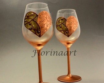 Bronze Wedding Anniversary Gift for Wife, Bronze Heart Wine glasses, HAND PAINTED unique Bronze Gift for Him, Personalized 8th anniversary