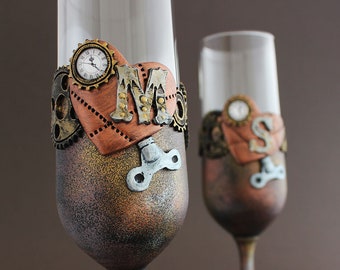 Personalised Steampunk Wedding glasses,  Steampunk wedding flutes, Steampunk Style wedding, Personalized steampunk glasses