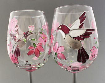 Hummingbird Wine Glasses, Hand Painted Silver Anniversary Bird Wine Glass Gift for Wife, Hummingbird Gift glass For 25th anniversary