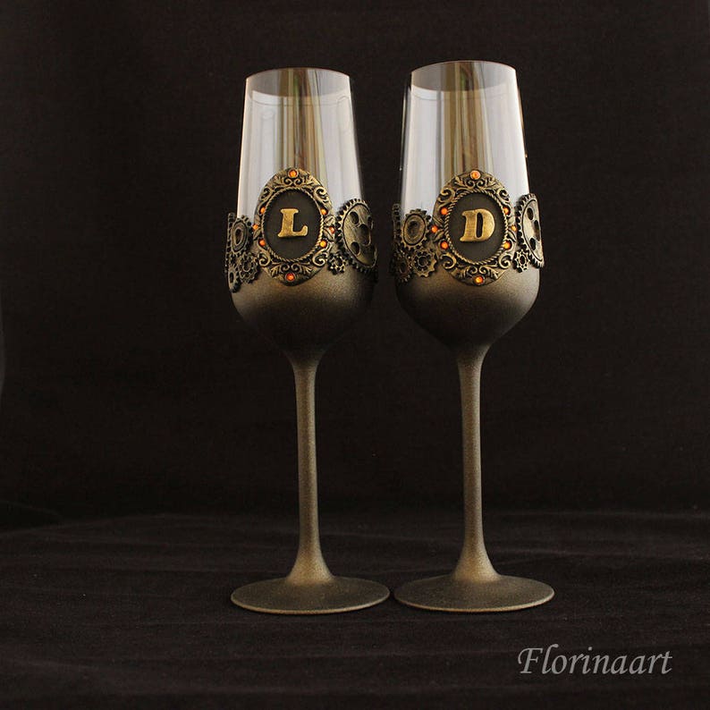 Steampunk Cake Server Set Steampunk gears Steampunk personalized set Steampunk wedding glasses Steampunk gift
