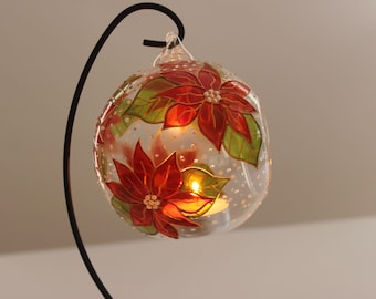 Hand Painted gift, tea light candle holder, hanging glass tea light holder. Glass candle holder on a stand, Cristmas gift for her Poinsettia