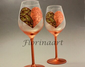 Copper Anniversary Wine Glasses Milestone Gift for Couple, Romantic Wine Glass Set