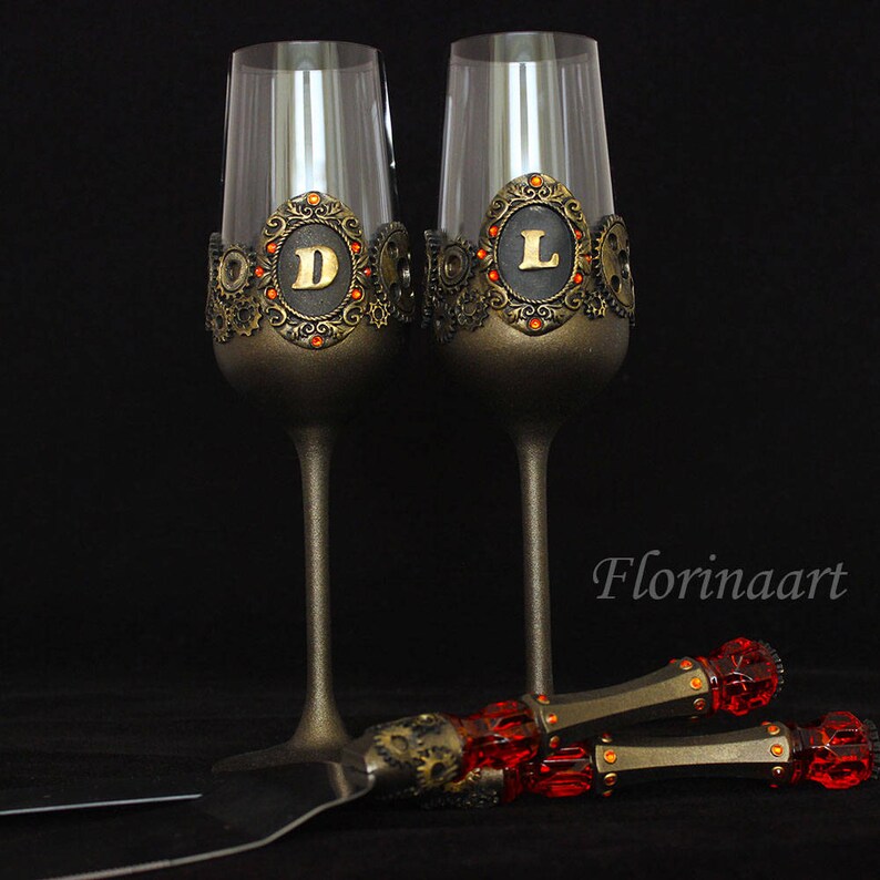 Steampunk Cake Server Set Steampunk gears Steampunk personalized set Steampunk wedding glasses Steampunk gift