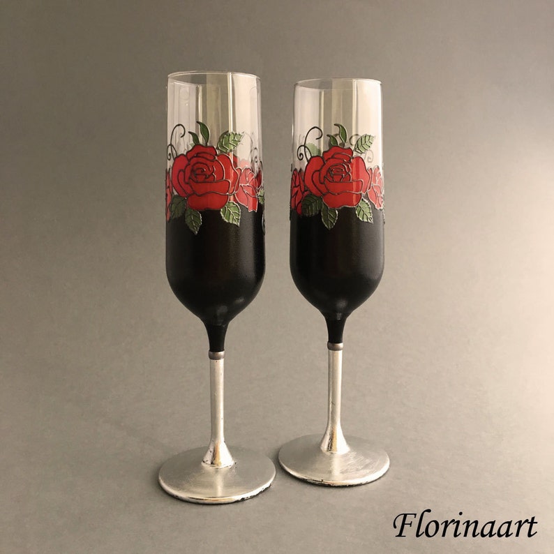 Red roses Gothic wedding glasses Black and red glasses Etsy