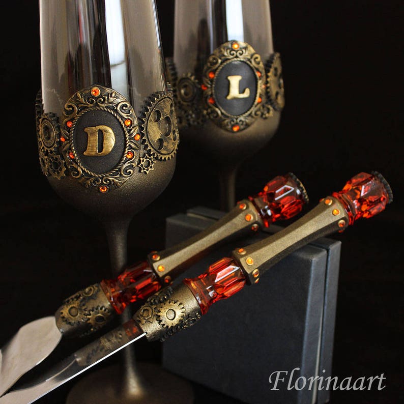 Steampunk Cake Server Set Steampunk gears Steampunk personalized set Steampunk wedding glasses Steampunk gift