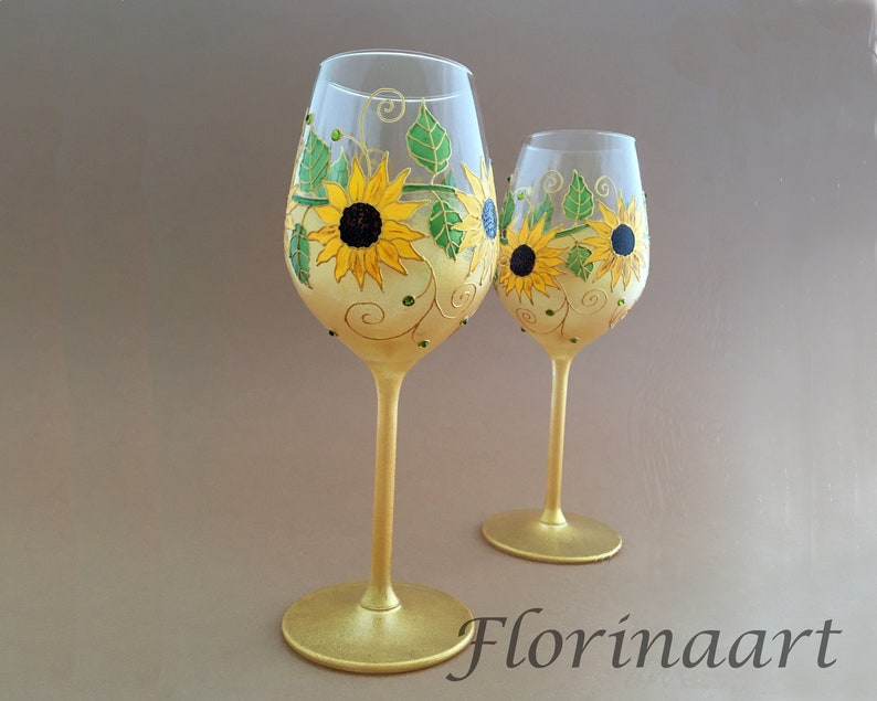 Sunflower wine glasses Sunflower gift Gift for couple Hand Etsy