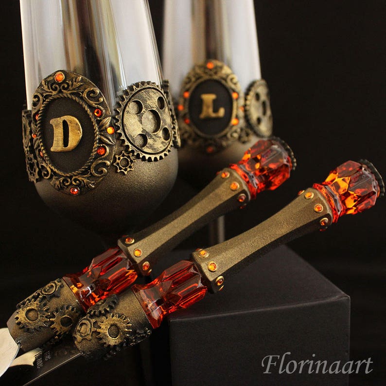 Steampunk personalized set, Steampunk wedding glasses, Steampunk gift, Steampunk gears, Steampunk Cake Server Set image 1