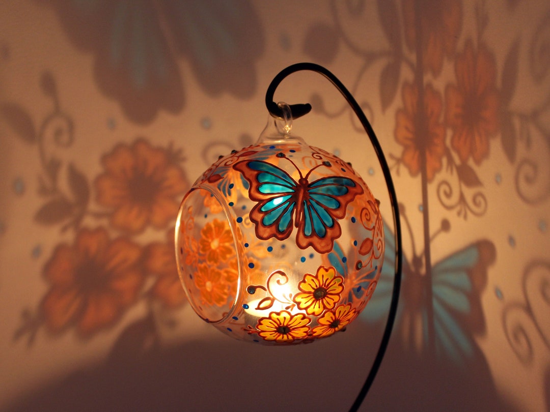 BUTTERFLY Candle Holder, Hand Painted Glass Lentern Holder, Butterfly