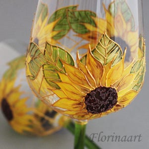 Personalised Sunflower Wine Glass, Unique Handmade Gift For Her Birthday Hand Painted Flowers,