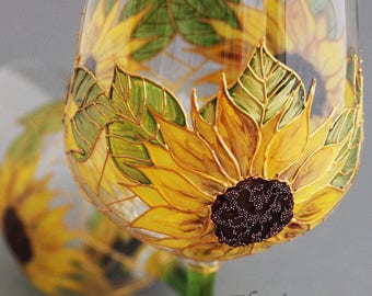 Personalised Sunflower Wine Glass, Unique Handmade Gift For Her Birthday Hand Painted Flowers,