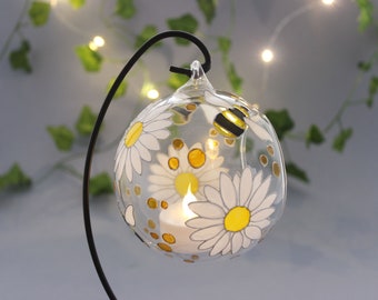 Bumblebee and Daisy Flowers tea light candle holder Hand Painted Hanging Glass Tea light Holder Flower Design Glass candle holder