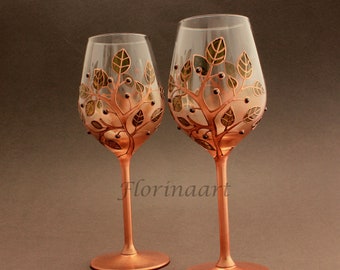 8th Anniversary Wine Glass – Bronze Tree of Life Hand-Painted Keepsake Gift for her / him