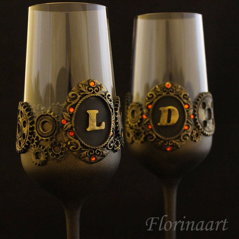 Steampunk Cake Server Set Steampunk gears Steampunk personalized set Steampunk wedding glasses Steampunk gift