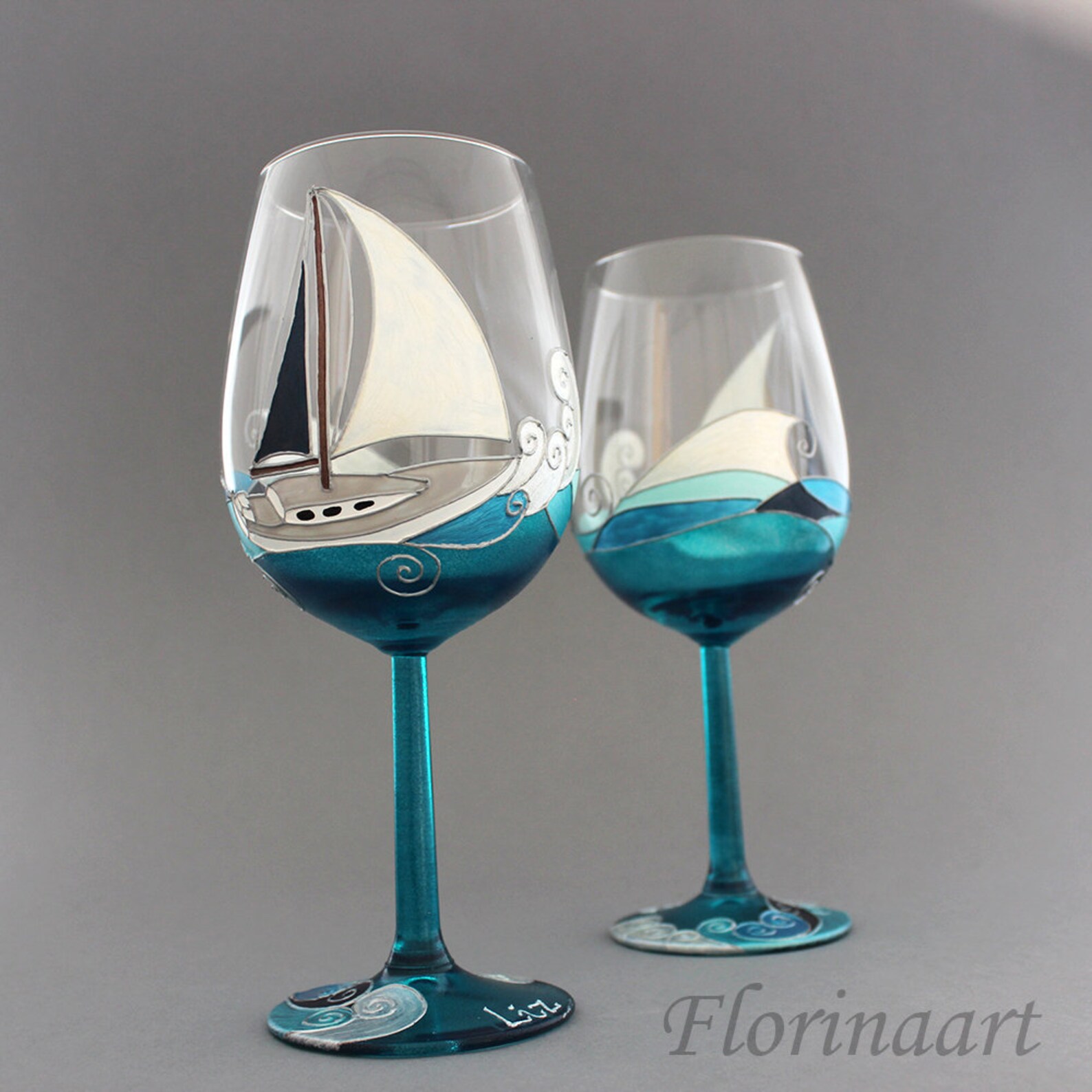 Sail Yacht Wine Glasses Blue Waves Glasses Personalised Etsy