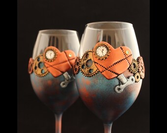 Personalized Steampunk Glasses and Cake Serving set | Hand-Painted Steampunk Couple Gift, Wedding Anniversary Gift