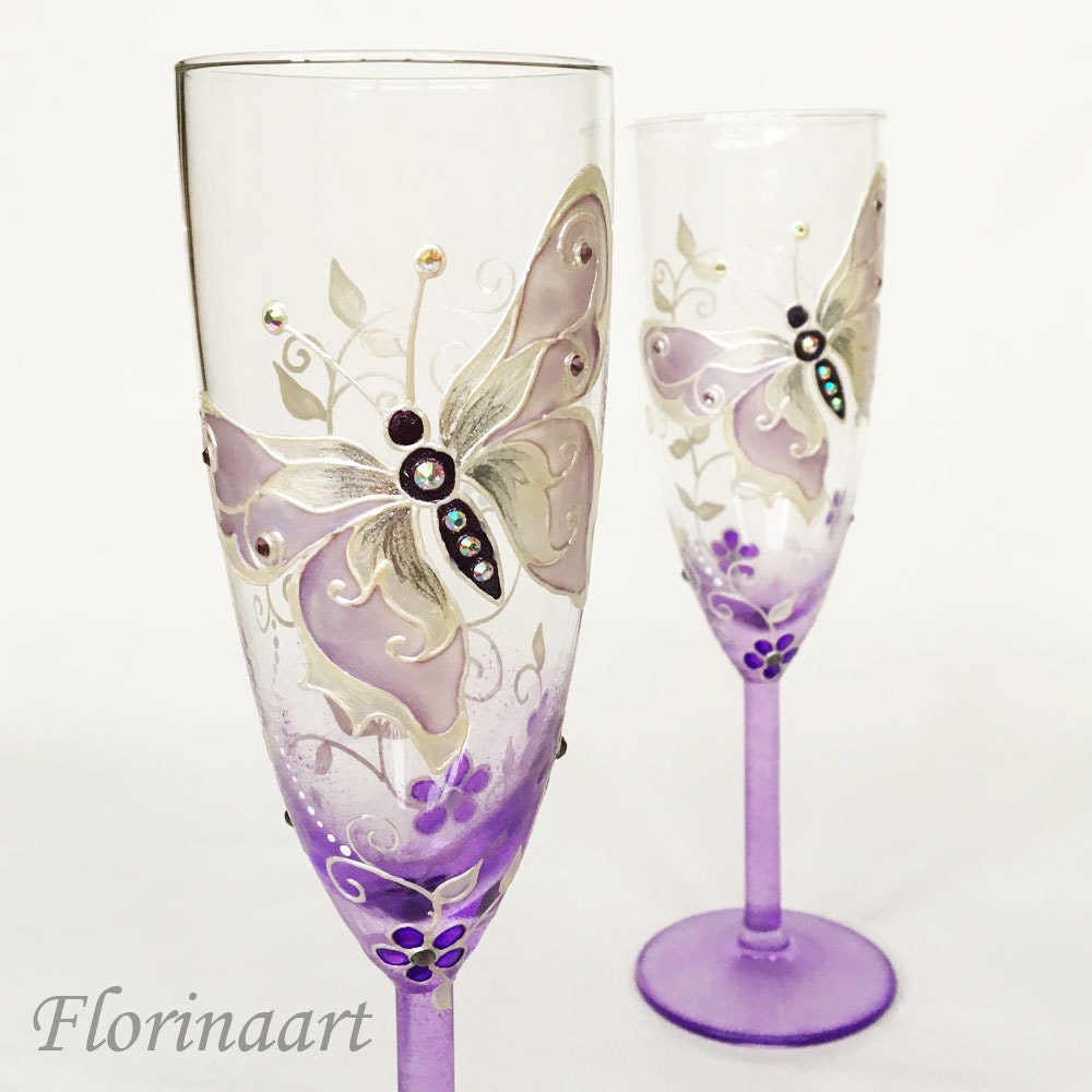 Purple Wedding Glasses Purple Wine Glasses Purple Butterfly | Etsy