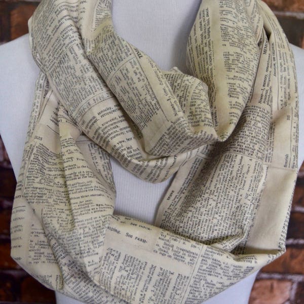 Book pages infinity scarf, book scarf, dictionary page scarf, literary nerd geek circle scarf