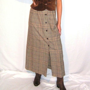 70s PENDLETON Maxi SKIRT sz 4 / 6 S Small Brown Cream Glen Plaid 100% Wool Ankle Length Button Front Vtg Deadstock - Free Ship w/in 24 Hours