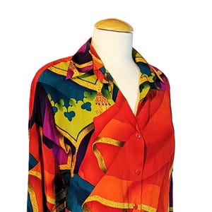 ELLEN TRACY Silk Blouse sz 8 M Medium Bright Multi Colored Print Long Sleeve Vintage 90s Y2K Designer Top - Free US Shipping w/in 24 Hours