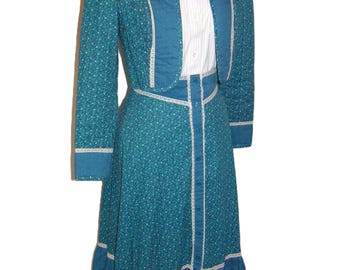 3-teiliges Rock-Set im 70er-Jahre-Stil, türkis mit zartem Blumenmuster, Größe XS, gesteppte, kurze Jacke, Prairie Cottage Core Gunne Sax Stil - Kostenloser Versand innerhalb der USA innerhalb von 24 Stunden