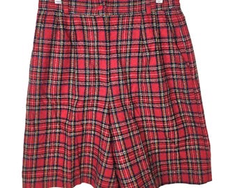 1990s Norton McNaughton Red Tartan Plaid Wool SHORTS Retro High Pleated Waist Slant Pockets Fully Lined sz M Medium - Ships within 24 Hours