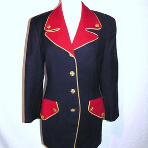 Vtg 80s 90s BLAZER JACKET Size 6 100% Wool Luciano Tempesta Nautical Military Navy Blue, Red w/ Gold Trim - Free US Shipping Within 24 Hrs