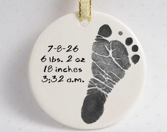 Baby Footprint Ornament with ribbon, 2-sided, Special Holiday Gift for Loved Ones, Baby's First Christmas, Try R Inkless Print Kits, New Mom