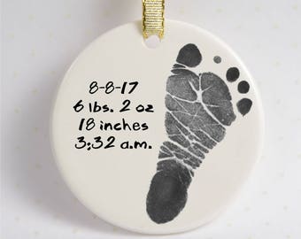 Baby Footprint Ornament with ribbon, 2-sided, Special Holiday Gift for Loved Ones, Baby's First Christmas, Try R Inkless Print Kits, New Mom