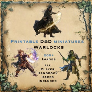 Puede incluir: Miniaturas imprimibles de D&D con Brujos. La imagen incluye tres ilustraciones de personajes de fantasía con efectos mágicos. El texto en la imagen dice "200+ Imágenes, Todas las razas del manual del jugador incluidas."