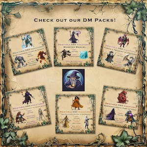 May include: A collection of six printable Dungeons and Dragons miniature sets. Each set features a different campaign setting or monster manual, with images of the miniatures included. The sets include: Bigby Presents: Glory of Giants, Monster Manual, Fizban's Treasury of Dragons, Dragonlance: Shadow of the Dragon Queen, Van Richten's Guide to Ravenloft, and Mordenkainen's Tome of Foes.