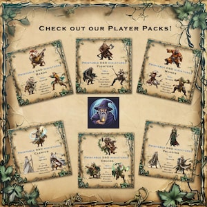 May include: A collection of printable Dungeons and Dragons miniatures for different character classes, including Bards, Fighters, Monks, Clerics, Druids, and Paladins. Each class has a unique image and text that says "Printable D&D Miniatures" followed by the class name and the number of images included. All player handbook races are included.