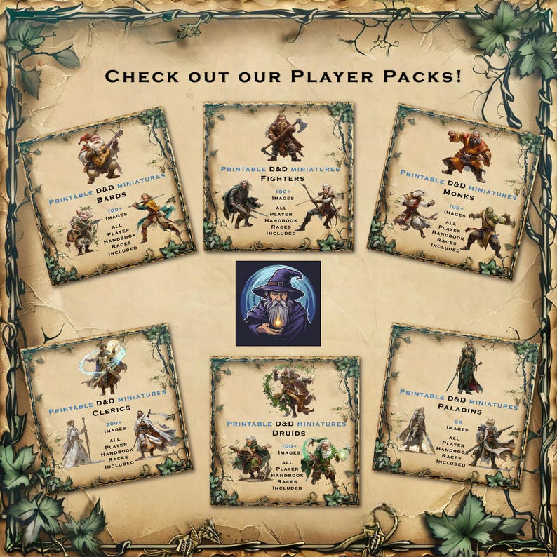 May include: A collection of printable Dungeons and Dragons miniatures for different character classes, including Bards, Fighters, Monks, Clerics, Druids, and Paladins. Each class has a unique image and text that says "Printable D&D Miniatures" followed by the class name and the number of images included. All player handbook races are included.