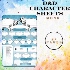 Puede incluir: Una hoja de personaje azul y blanca para Dungeons and Dragons (D&D) con el título "Monje" y "22 Páginas". La hoja está diseñada para la clase de personaje monje e incluye secciones para estadísticas, habilidades, tiradas de salvación y puntos de enfoque.