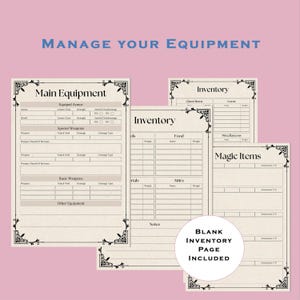 May include: A printable character sheet for role-playing games, with sections for main equipment, inventory, and magic items. The sheet has a medieval-style design with ornate borders.