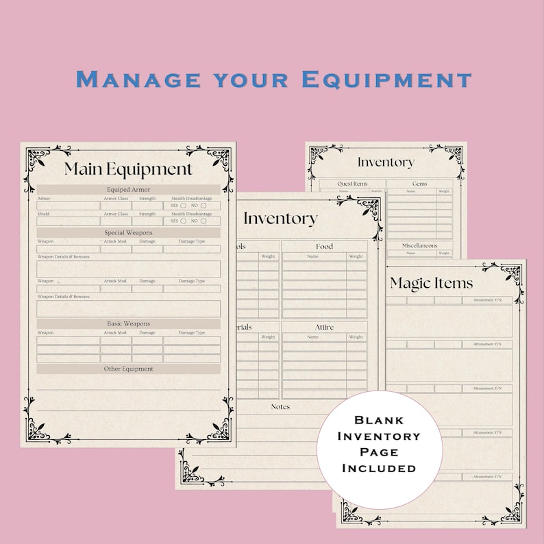 May include: A printable character sheet for role-playing games, with sections for main equipment, inventory, and magic items. The sheet has a medieval-style design with ornate borders.
