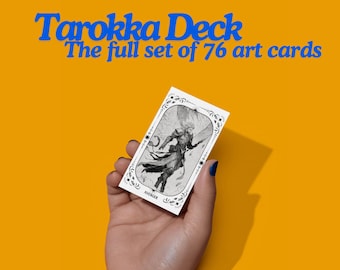 May include: A single Tarokka Deck art card held against a yellow background. The card features a black and white illustration of a figure labeled "Avenger" within a decorative border. The text "Tarokka Deck The full set of 76 art cards" is in blue.
