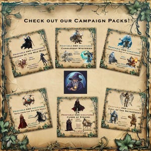 May include: Six colorful cards with images of Dungeons and Dragons characters and monsters. Each card features the title "Printable D&D Miniatures" and the name of a campaign pack. The cards are arranged in a grid pattern on a brown background.