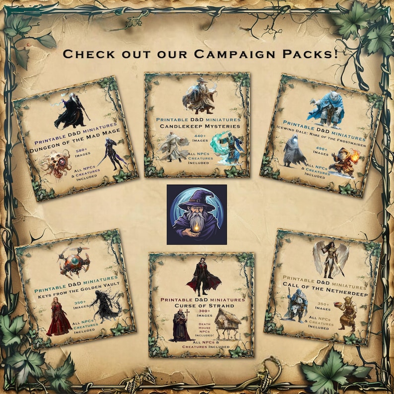 May include: Six colorful cards with images of Dungeons and Dragons characters and monsters. Each card features the title "Printable D&D Miniatures" and the name of a campaign pack. The cards are arranged in a grid pattern on a brown background.