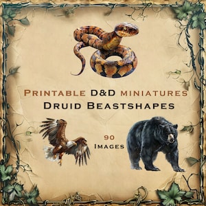 Op de afbeelding: Printbare Dungeons & Dragons miniaturen van druïde-diervormen. De afbeelding toont een slang, een beer en een adelaar. De tekst "Printable D&D Miniatures Druid Beastshapes 90 Images" staat op de afbeelding.