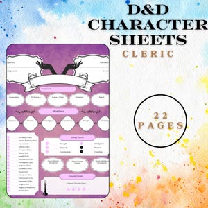 May include: A printable Dungeons & Dragons character sheet for a cleric. The sheet is designed with a purple background and features a decorative border with a pair of hands holding a chalice. The text "D&D Character Sheets Cleric" is at the top of the sheet. The sheet includes sections for character information, modifiers, saving throws, and channeled divinity.