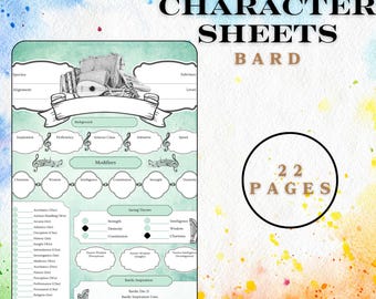 May include: A printable Dungeons & Dragons character sheet for the Bard class. The sheet features a green background with musical notes and a drawing of a lute and other musical instruments. The text "D&D Character Sheets Bard" is at the top of the sheet. The text "22 Pages" is in a circle at the bottom right of the sheet.