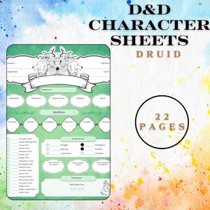 Pode incluir: Uma folha de personagem verde e branca para o jogo de RPG Dungeons and Dragons. A folha é projetada para a classe Druida e apresenta um desenho de um lobo, um urso e uma coruja. O texto "D&D Character Sheets Druid" está no topo da folha. O texto "22 Pages" está em um círculo na parte inferior direita da folha.