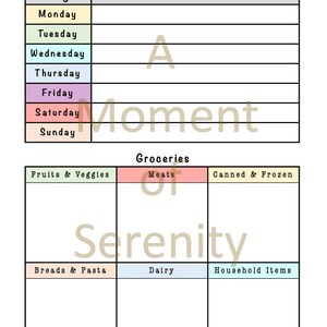 Puede incluir: Un planificador de comidas imprimible con un horario semanal para cenas y una lista de la compra con categorías para frutas y verduras, carnes, enlatados y congelados, panes y pastas, productos lácteos y artículos para el hogar.