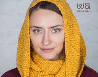 Winter cowl, Merino wool scarf, Extra large scarf, Yellow knitted scarf, Warm womens scarf, Knit loop scarf, Extra long scarf, Wide scarf