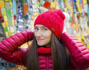 Cable knit hat, Mom christmas gift from daughter, Slouchy hat women, Eco friendly hat, Adult winter hat, Red knit beanie, Knit womens hat