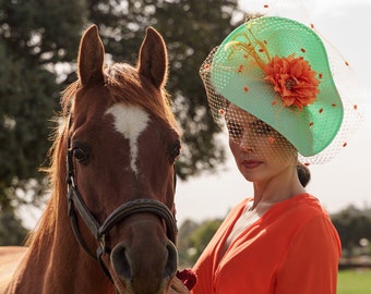 Turquoise and Orange fascinator for Kentucky Derby Lady, Orange Ascot hat woman, Orange wedding hat, Orange races hat, derby hat with veil