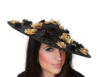 Original black Kentucky derby hat, woman Royal Ascot hat gold, Ladies horse racing hat, ky derby hat, womens fascinator hats,Tea Party hats