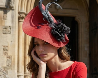 Red and Black Kentucky Derby Hat - Royal Ascot Fascinator for Women - Ladies Day Feathers hat red - Groom mother wedding hat red floral
