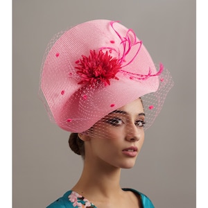 Pink fascinator with veil, fuchsia Kentucky derby hat,Pink Ascot hat, Pink wedding hat,Cocktail pink hat,Pink races hat, Baby Pink veil hat